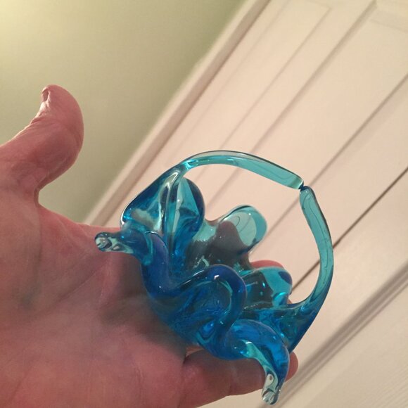 Small Blue Art Glass Basket 3" Trinket Dish Ring Holder Bubbles - Picture 10 of 11